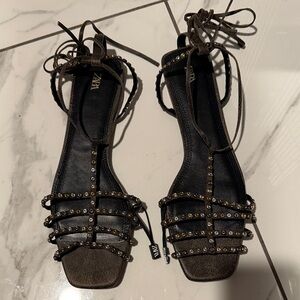 Zara Olive Brown Studded Lace-Up Sandals